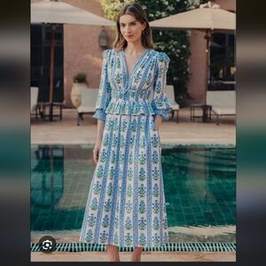 NWT Pink City Prints Indigo Border Melanie Block Print Smock Waist Dress Medium